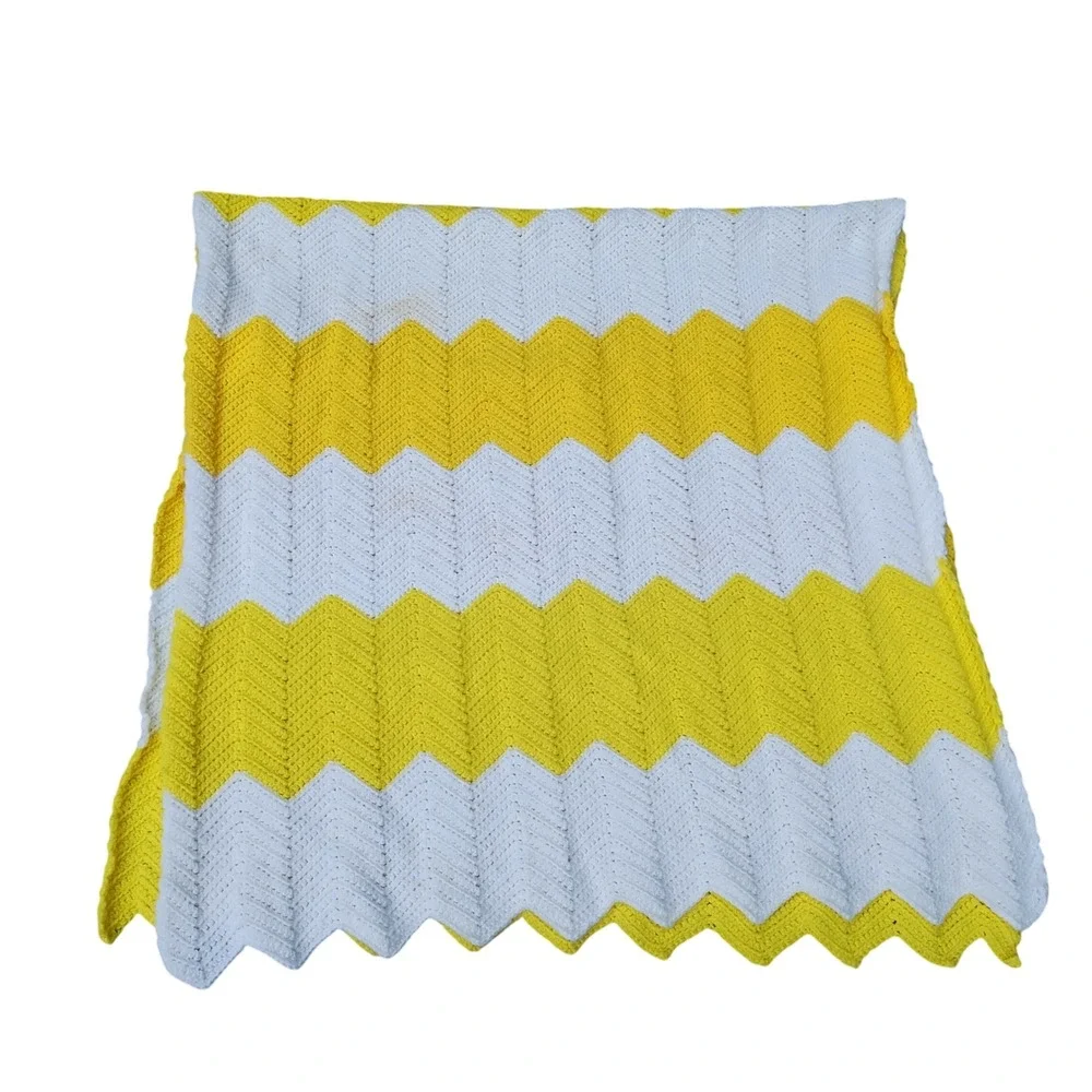 Handmade VTG Crochet Blanket Yellow Chevron Afghan Throw Knit 68x36
